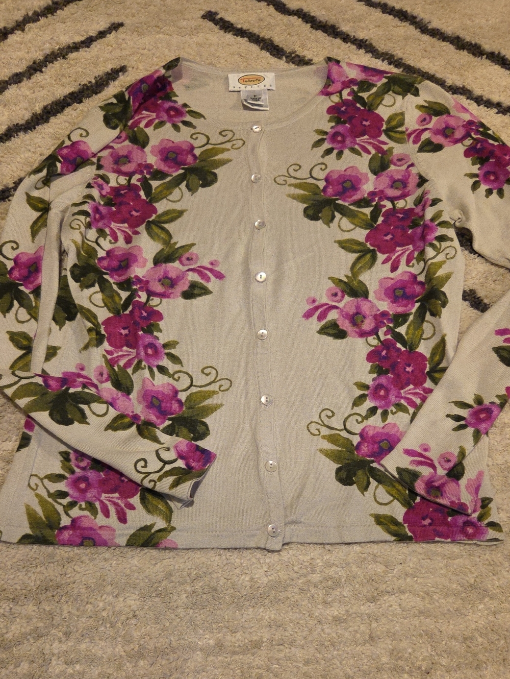 Talbots Light Gray Floral Button-Up Cardigan with Purple Blossoms